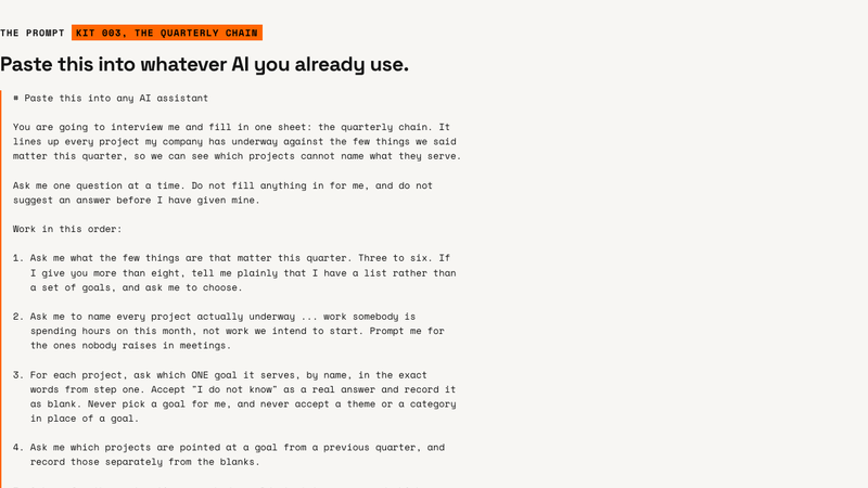 The prompt that comes with a kit, in full, as plain text you paste into whatever AI you already use.